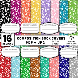 May include: A collection of 16 digital composition book covers featuring a classic speckled pattern in various colours including black, pink, orange, yellow, purple, light pink, teal, green, red, light blue, brown, and navy. Each includes a label.