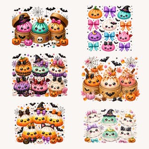 Könnte beinhalten: Eine Sammlung digitaler Illustrationen mit niedlichen, anthropomorphen Dampfbrötchen, Cupcakes und Geistern, die mit Halloween-Motiven wie Hexenhüten, Schleifen, Kürbissen, Fledermäusen, Spinnennetzen und Totenköpfen in leuchtenden Farben verziert sind.