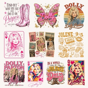 Könnte beinhalten: Eine Sammlung von zwölf Grafikdesigns mit Dolly Parton, darunter Illustrationen von rosa Cowboystiefeln, einem Schmetterling, Spielkarten mit der Herzkönigin, Briefmarken, einer Kassette und Texten wie Find out who you are and do it on purpose, Jolene, 9 to 5 und In a world full of Jolenes be a Dolly.