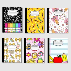 May include: Six composition books with black spines. Designs include black and white marble with markers, yellow with crayons, pink with pencils and bows, white with bows and pencils, pink with cartoon characters, and lined paper with an apple and pencil.