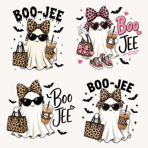 May include: Four illustrations of white ghosts wearing leopard print bows and sunglasses, holding leopard print handbags and iced coffee cups. The text BOO-JEE and Boo Jee appears in black and pink lettering, accompanied by small black bats and pink hearts.