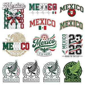 以下が含まれることがあります： Mexicoという単語、サッカーボール、鷲、そしてメキシコ国旗の緑、白、赤の色を特徴とする12種類のグラフィックデザインのコレクション。デザインにはMexico World Cup 2026 Road to the CupやSi Se Puedeといったテキストが含まれています。