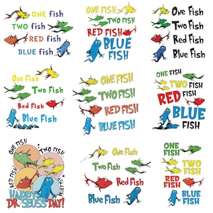 Może przedstawiać: Kolekcja ilustracji w stylu Dr. Seussa z kolorowymi rybami i tekstem. Frazy "Jedna ryba, dwie ryby, czerwona ryba, niebieska ryba" są wyświetlane na różne sposoby, z kapryśnymi postaciami ryb.