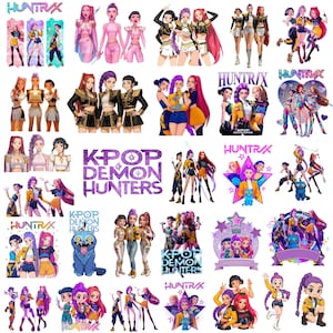 May include: A collection of colorful digital illustrations featuring stylized female characters in various poses. The images include the text "HUNTRX" and "K-POP DEMON HUNTERS" in a glittery font, with a star and heart-shaped design.