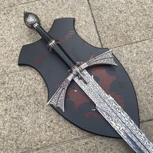 Handcrafted Fantasy Great sword | Patterned Steel Blade & Dragon Crest Display Plaque sword | Decorative Medieval Replica sword Gift for Him