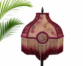 Pantalla de lámpara victoriana Vivien Brown con flecos, pantalla de lámpara de mesa vintage de seda con encaje bordado