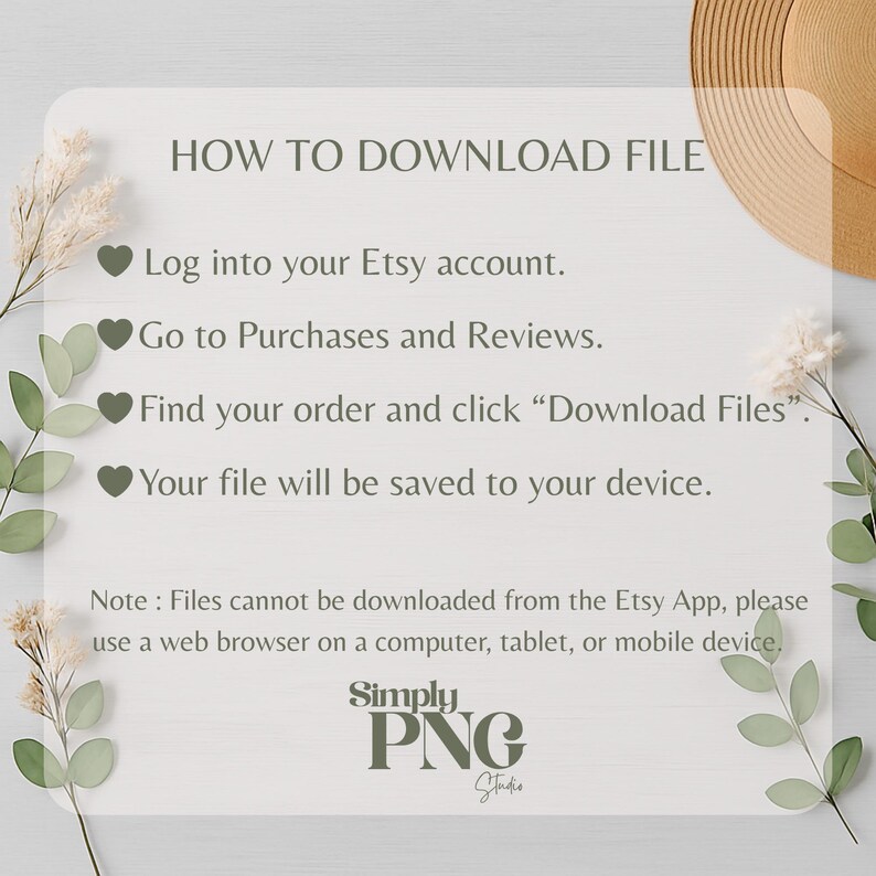 May include: A light gray graphic with instructions on how to download a file from Etsy. The text includes steps like logging in, going to purchases, and clicking "Download Files". The Simply PNG Studio logo is at the bottom.