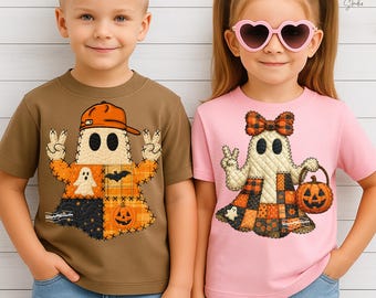 May include: Two children wearing Halloween-themed t-shirts. One shirt is brown with a ghost design wearing an orange cap and giving the peace sign. The other shirt is pink with a ghost design holding a pumpkin basket.