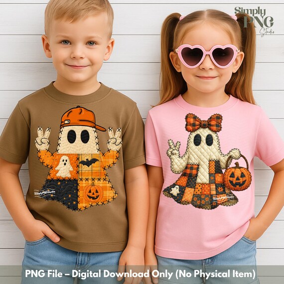 Patchwork Ghost PNG Bundle (2), Vintage Halloween Quilted Ghost Sublimation, Rustic Fall Pumpkins (Digital Download)