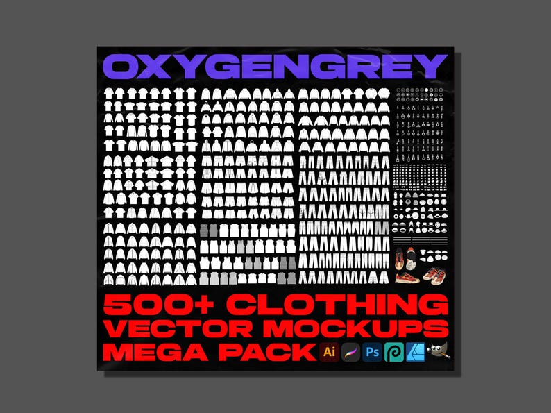 May include: A black graphic with the text "OXYGENGREY" in purple at the top. Below, a collection of white clothing mockups, including shirts and pants. The text "500+ CLOTHING VECTOR MOCKUPS MEGA PACK" is in red.