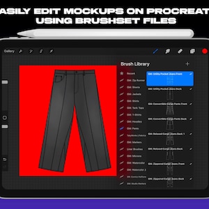 May include: A digital tablet displays a black pair of pants on a red background, with the text "EASILY EDIT MOCKUPS ON PROCREATE USING BRUSHSET FILES." The screen shows a brush library with various clothing mockups.