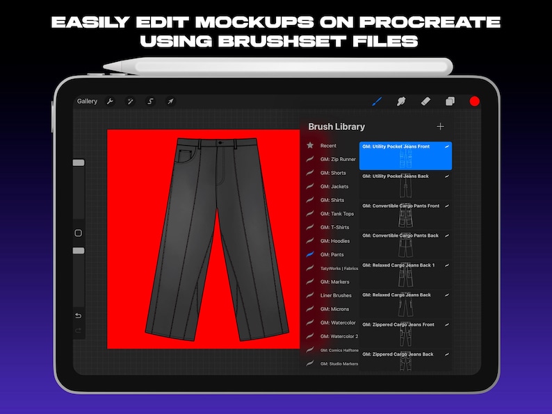 May include: A digital tablet displays a black pair of pants on a red background, with the text "EASILY EDIT MOCKUPS ON PROCREATE USING BRUSHSET FILES." The screen shows a brush library with various clothing mockups.