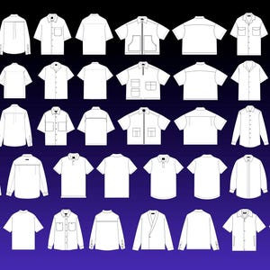 May include: A collection of white shirts in various styles, including button-down, short-sleeve, and polo shirts. Some shirts feature pockets, while others have unique collar designs. The shirts are displayed against a gradient blue background.