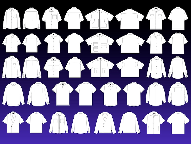 May include: A collection of white shirts in various styles, including button-down, short-sleeve, and polo shirts. Some shirts feature pockets, while others have unique collar designs. The shirts are displayed against a gradient blue background.