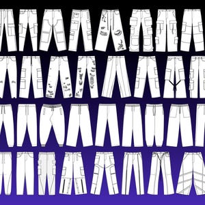 May include: A collection of white pants designs, including cargo pants, ripped jeans, and sweatpants, arranged in rows against a gradient blue background. The designs showcase various pocket styles, distressing, and seam details.