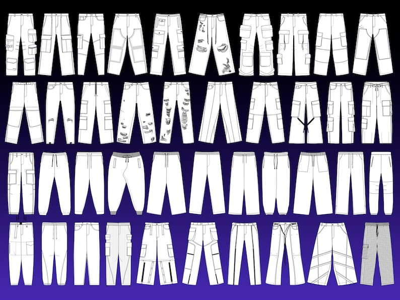 May include: A collection of white pants designs, including cargo pants, ripped jeans, and sweatpants, arranged in rows against a gradient blue background. The designs showcase various pocket styles, distressing, and seam details.