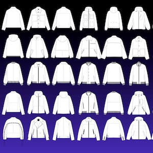 May include: A collection of white jackets in various styles, including bomber, hooded, and denim jackets. The jackets are displayed against a gradient blue background, showcasing a range of designs with different pocket styles, zippers, and collar types.