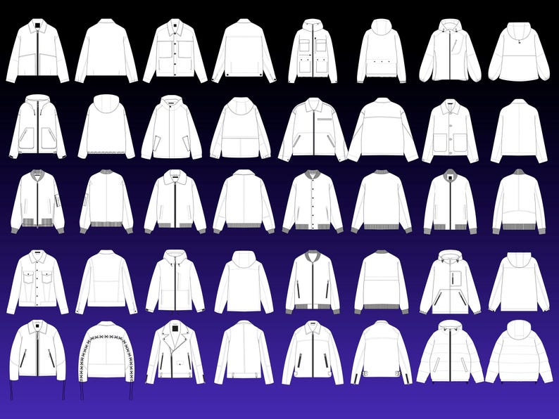 May include: A collection of white jackets in various styles, including bomber, hooded, and denim jackets. The jackets are displayed against a gradient blue background, showcasing a range of designs with different pocket styles, zippers, and collar types.