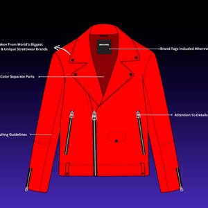 May include: A vibrant red leather jacket with black zippers and a classic biker style. The image highlights design details and includes text: "Inspiration Taken From World's Biggest Clothing Brands & Unique Streetwear Brands."