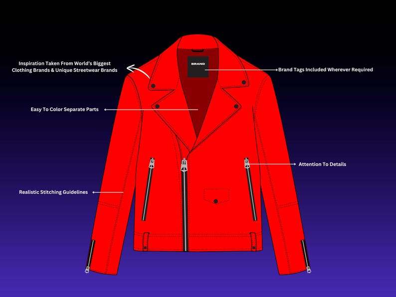 May include: A vibrant red leather jacket with black zippers and a classic biker style. The image highlights design details and includes text: "Inspiration Taken From World's Biggest Clothing Brands & Unique Streetwear Brands."