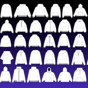 May include: A collection of white hooded sweatshirts in various styles, including zip-up, pullover, and quarter-zip designs. Each hoodie features a hood, long sleeves, and a front pocket or kangaroo pocket. The sweatshirts are displayed against a gradient blue background.