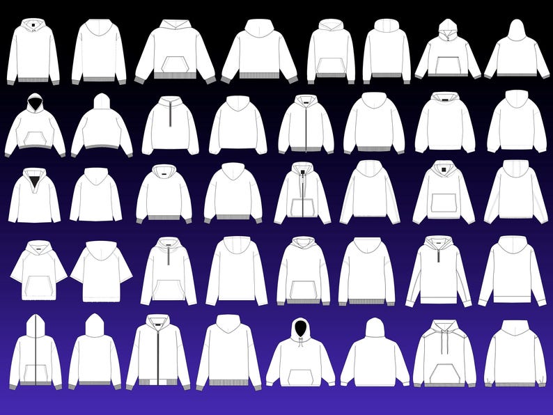 May include: A collection of white hooded sweatshirts in various styles, including zip-up, pullover, and quarter-zip designs. Each hoodie features a hood, long sleeves, and a front pocket or kangaroo pocket. The sweatshirts are displayed against a gradient blue background.
