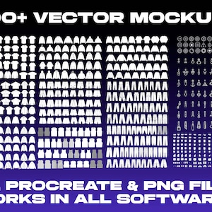 May include: A graphic with the text "500+ VECTOR MOCKUPS" in white. The image displays numerous clothing mockups, including t-shirts, hoodies, shorts, and pants. The text ".AI, PROCREATE & PNG FILES WORKS IN ALL SOFTWARES" is also present.