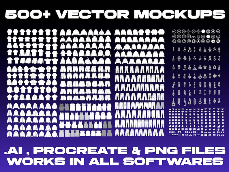 May include: A graphic with the text "500+ VECTOR MOCKUPS" in white. The image displays numerous clothing mockups, including t-shirts, hoodies, shorts, and pants. The text ".AI, PROCREATE & PNG FILES WORKS IN ALL SOFTWARES" is also present.