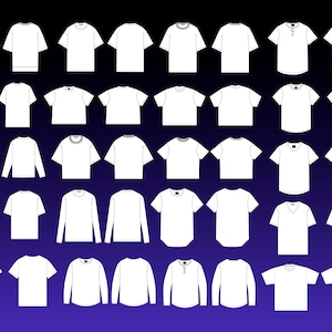 May include: A collection of white t-shirts and long-sleeved shirts. The shirts have various necklines, including crew neck, V-neck, and Henley styles. The image is set against a gradient blue and black background.