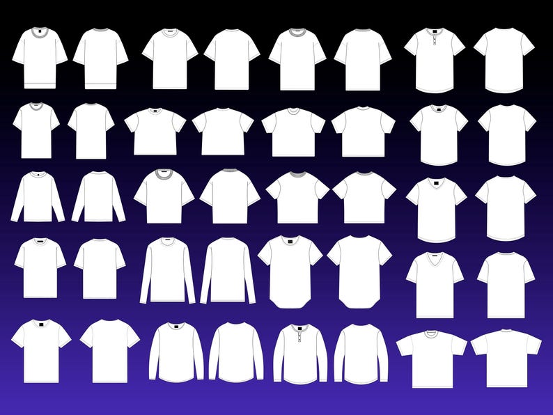 May include: A collection of white t-shirts and long-sleeved shirts. The shirts have various necklines, including crew neck, V-neck, and Henley styles. The image is set against a gradient blue and black background.