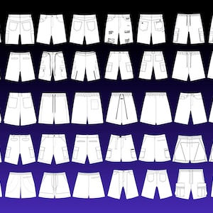 May include: A collection of white shorts designs, showcasing various styles. The shorts include different pocket configurations, drawstring waists, and distressed details. The image is set against a gradient blue background.