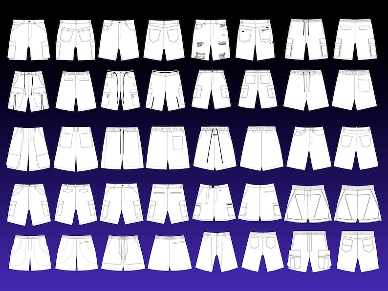 May include: A collection of white shorts designs, showcasing various styles. The shorts include different pocket configurations, drawstring waists, and distressed details. The image is set against a gradient blue background.