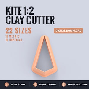 May include: A peach-colored kite 1:2 clay cutter shape for 3D printing. The text reads KITE 1:2 CLAY CUTTER, 22 SIZES, 11 METRIC 11 IMPERIAL, DIGITAL DOWNLOAD, 22 STL + 2 3MF, READY TO PRINT, and NO PHYSICAL ITEM. This is a digital file for printing.