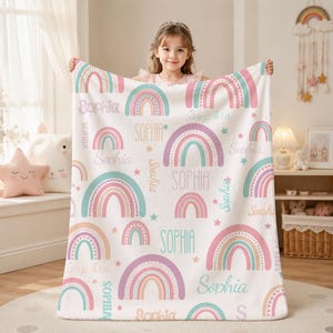 Könnte beinhalten: Eine weiße Fleecedecke mit einem sich wiederholenden Muster aus pastellfarbenen Regenbögen in Rosa, Türkis und Beige, durchsetzt mit kleinen Sternen und dem Namen Sophia, der in verschiedenen Schriftarten auf dem Stoff gedruckt ist.