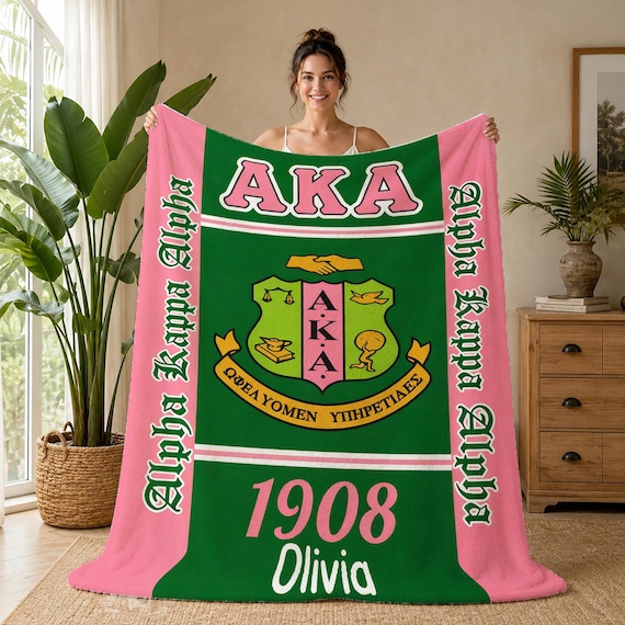 Custom AKA Sorority Blanket, Alpha Kappa Alpha Personalized Throw, Pink Green Plush Fleece Throw, Custom Name 1908 Sister Gift, AKA Keepsake