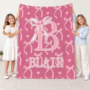 Personalized Bow Name Blanket with Large Initial, Ribbon and Heart Pattern, Custom Background Color, Coquette Bedroom Decor, Gift for Girls