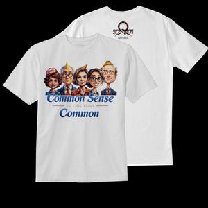 May include: White t-shirts with a graphic design. The front shirt features a cartoon illustration of five people with the text "Common Sense is not that Common" in blue. The back shirt has a logo that says "SCORPION APPAREL".