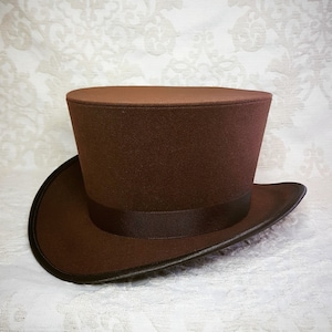 Brown wool top hat, brown top hat, showman, LARP, reenactment, ringmaster, steampunk costumer or stage show. Handmade hat made to size.