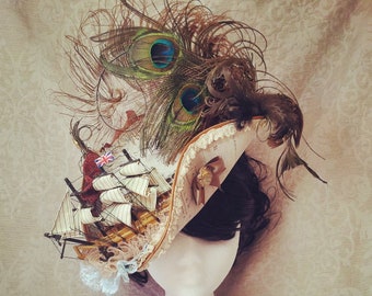 Pirate Tricorne Trifold pirate hat with ship and peacock feather, bespoke handmade