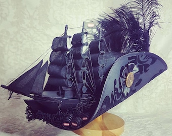 Black Tricorn pinch hat for Pirate festivals, historic costuming, renaissance fairs and LARP events.