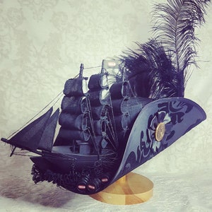 Black Tricorn hat for Pirate festivals, pinch hat, historic costuming, renaissance fairs and LARP events. Pirate hat, Nautical costume. image 1