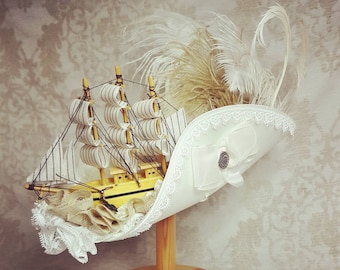 White Tricorn, Tricorne, Pinch hat for Pirate festivals, historic costuming, renaissance fairs and pirate themed weddings or LARP events