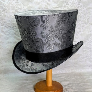 Grey top hat, steampunk top hat, silver hat, historic hat, paisley hat, cosplay costume hat, classic top hat, festival hat, convention hat