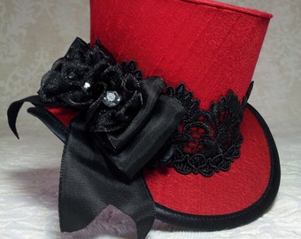 Mini Top Hat, Steampunk hat, Red mini top hat, Gothic Lolita hat, Steampunk Wedding, Victorian Wedding, Ascot hat, Derby hat, Mad hatter hat