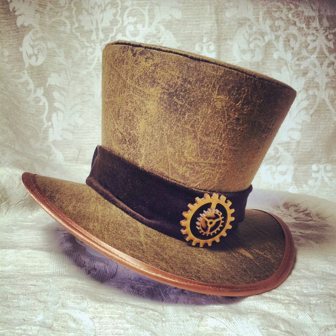 Brown Faux Leather Steampunk Mini Top Hat, Cog Decor - Etsy display picture 1