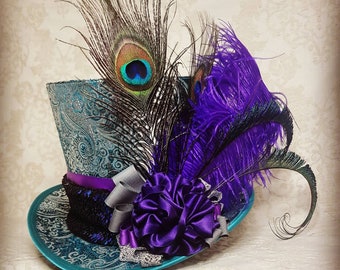 Festival hat for music festivals, steampunk events, carnivals and cabaret shows. Steampunk top hat, Crazy hat, Peacock feather hat, Parade