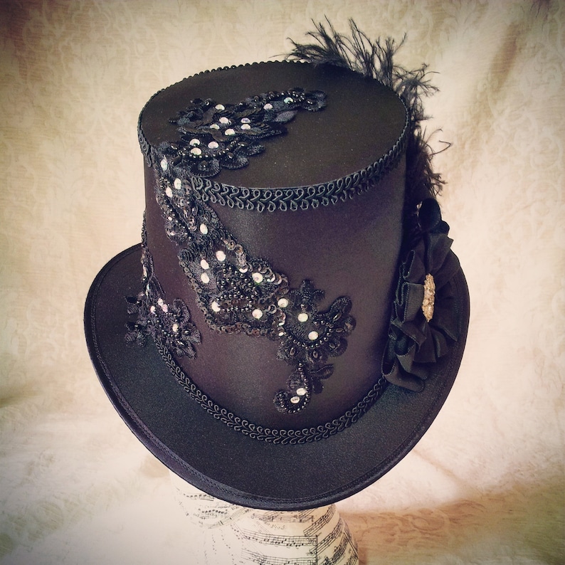 Steampunk Costumes, Outfits for Women Black top hat Satin hat Showman top hat Showgirl top hat Wedding Top hat Full size top hat Cabaret hat Burlesque hat Drag Queen hat $150.00 AT vintagedancer.com