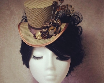 Tweed Mini Top Hat, Steampunk Cosplay Costume, Gears and Feathers