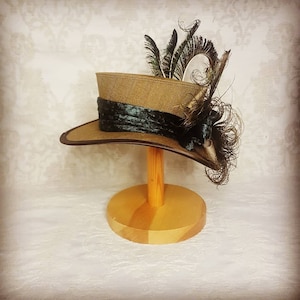 Victorian percher hat, midi top hat with turquoise velvet and peacock feathers. Steampunk cosplay, Steampunk top hat, Renaissance costume image 7