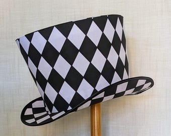 Harlequin top hat, Black and white hat, plain top hat, stand out hat, full size top hat, Cosplay hat, Festival hat, Carnival hat, Diamonds